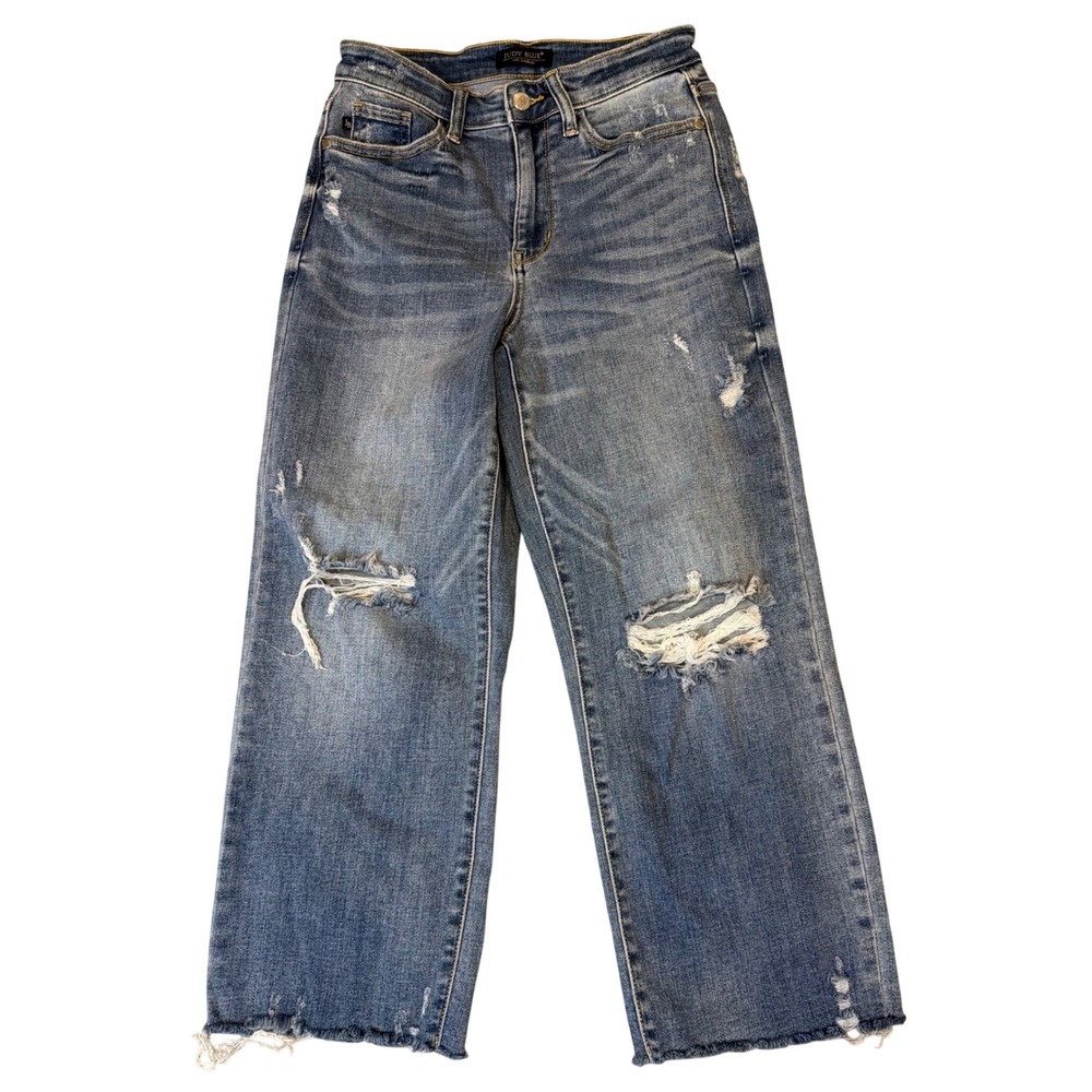 Judy Blue High Waist Wide Leg Distressed Raw Hem‎ Jeans Blue JB82256LT Size 1/25